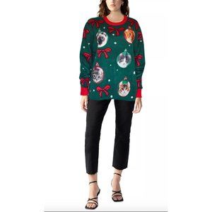 Christmas Party Women’s Sweater Holiday Cat Ornaments Pullover Green Long Sleeve